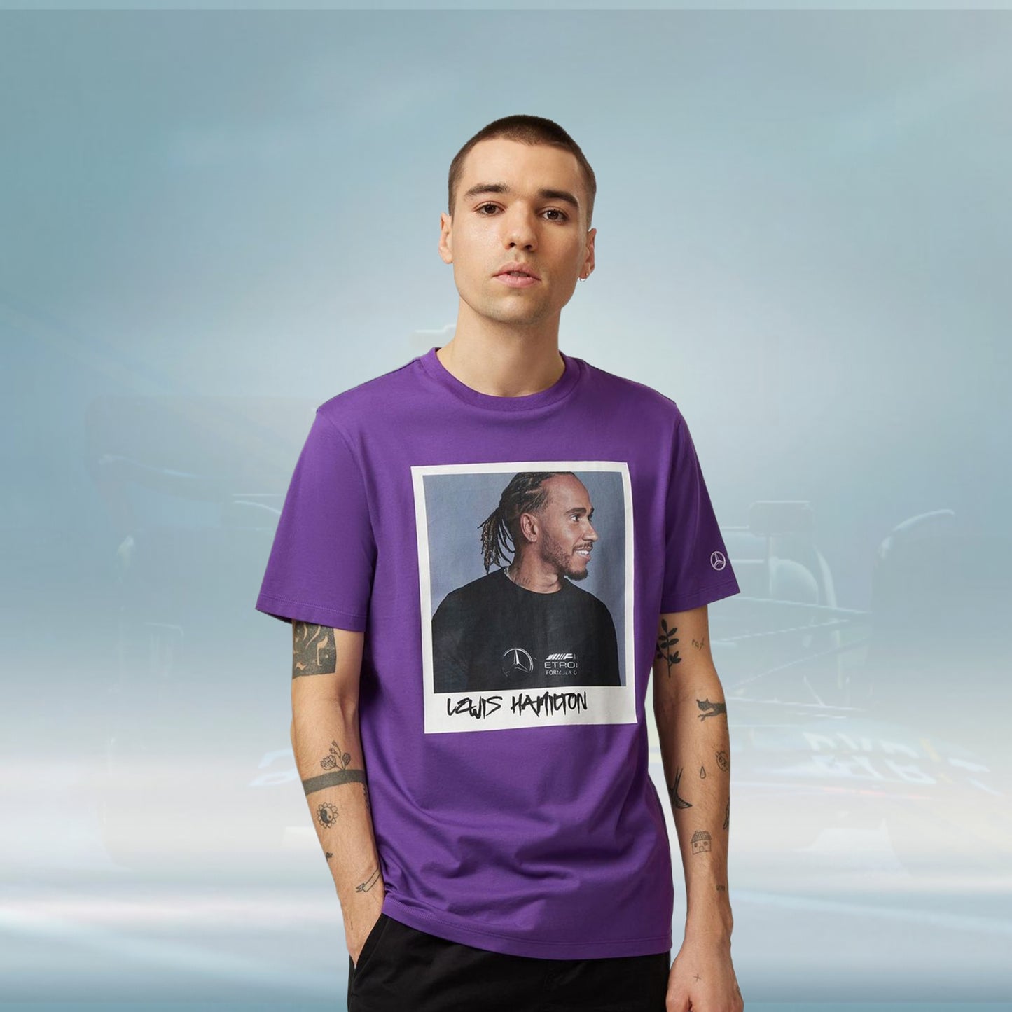 2023 Mercedes Germany AMG F1 Mens Lewis Hamilton Portrait T-shirt Purple - Rental Sports