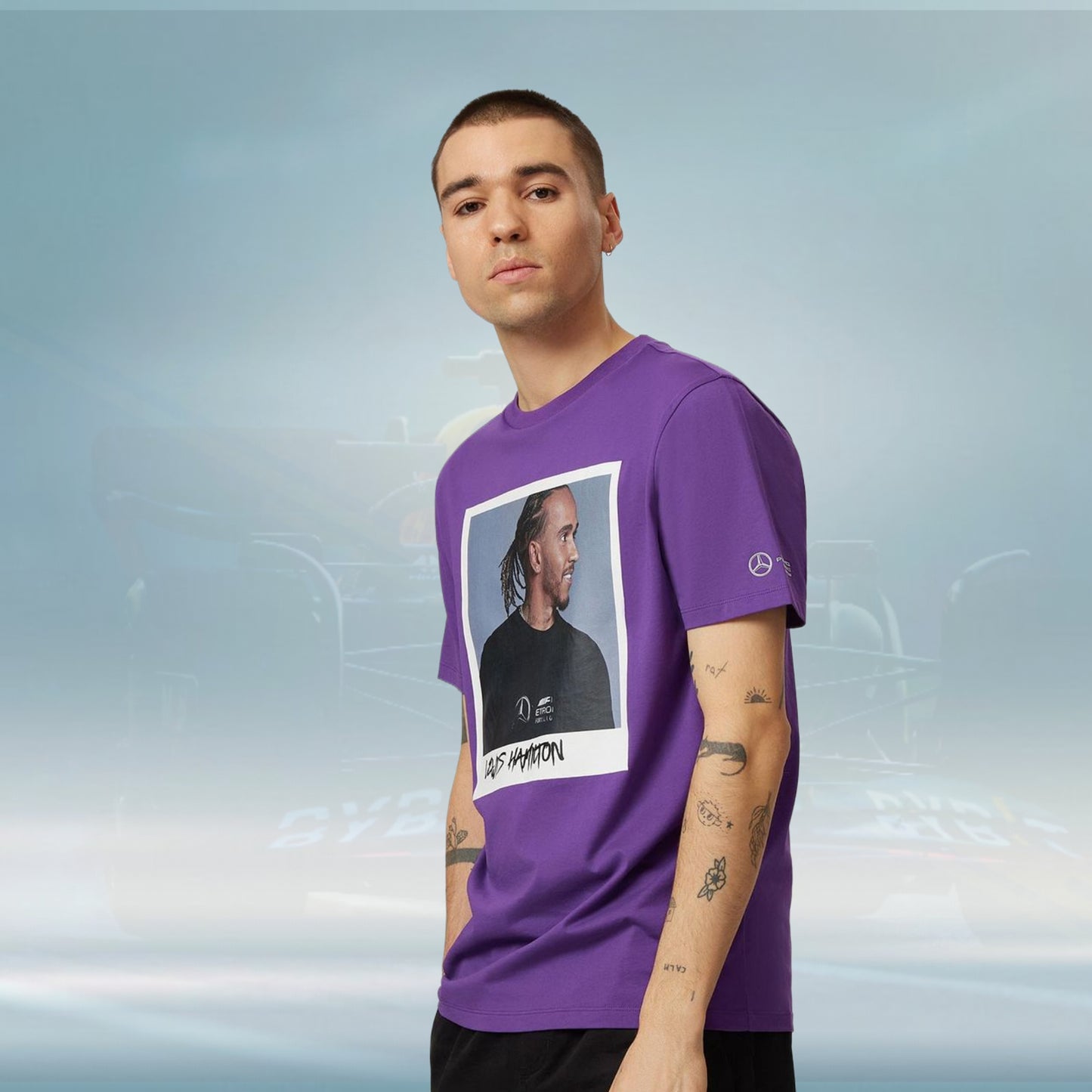 2023 Mercedes Germany AMG F1 Mens Lewis Hamilton Portrait T-shirt Purple - Rental Sports