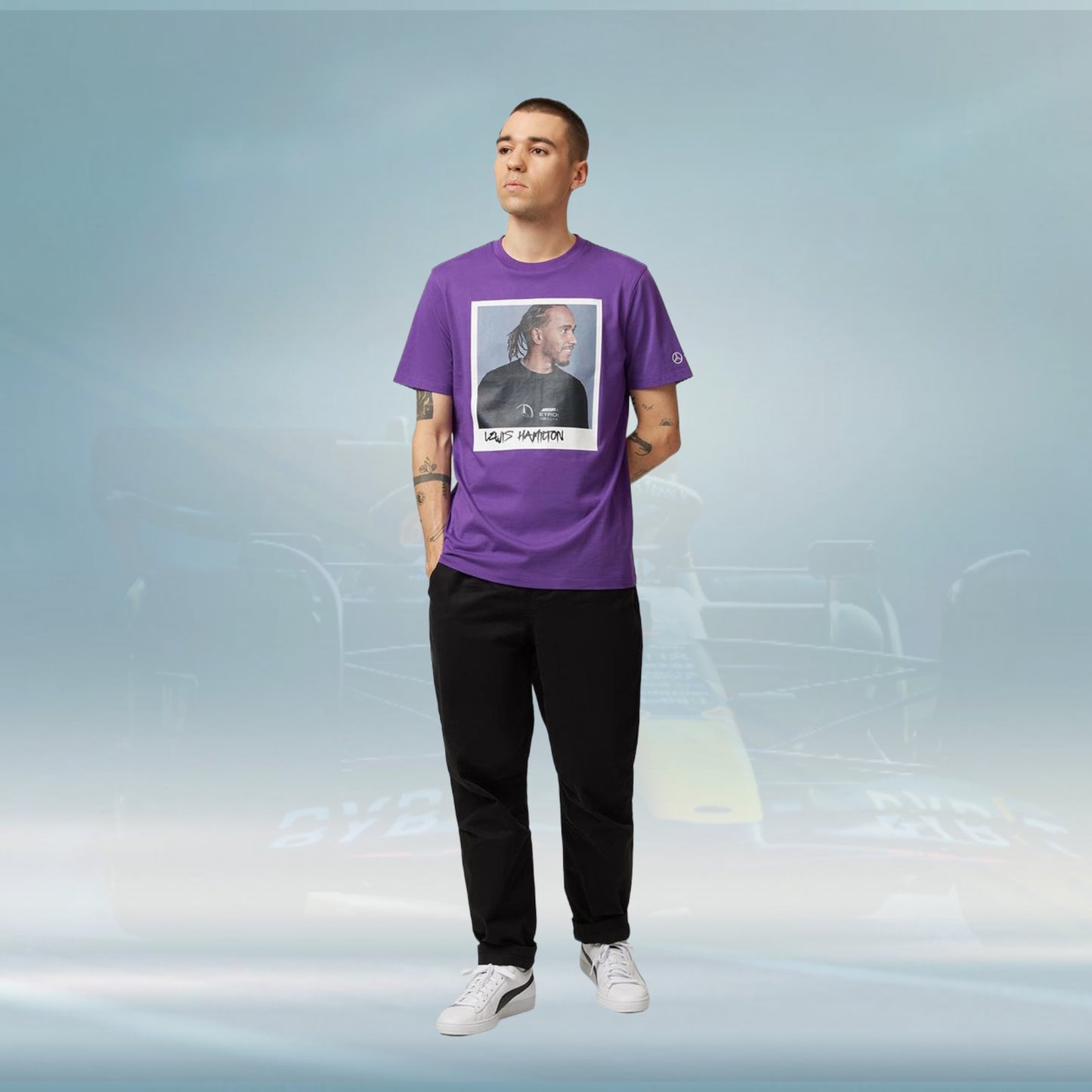 2023 Mercedes Germany AMG F1 Mens Lewis Hamilton Portrait T-shirt Purple - Rental Sports