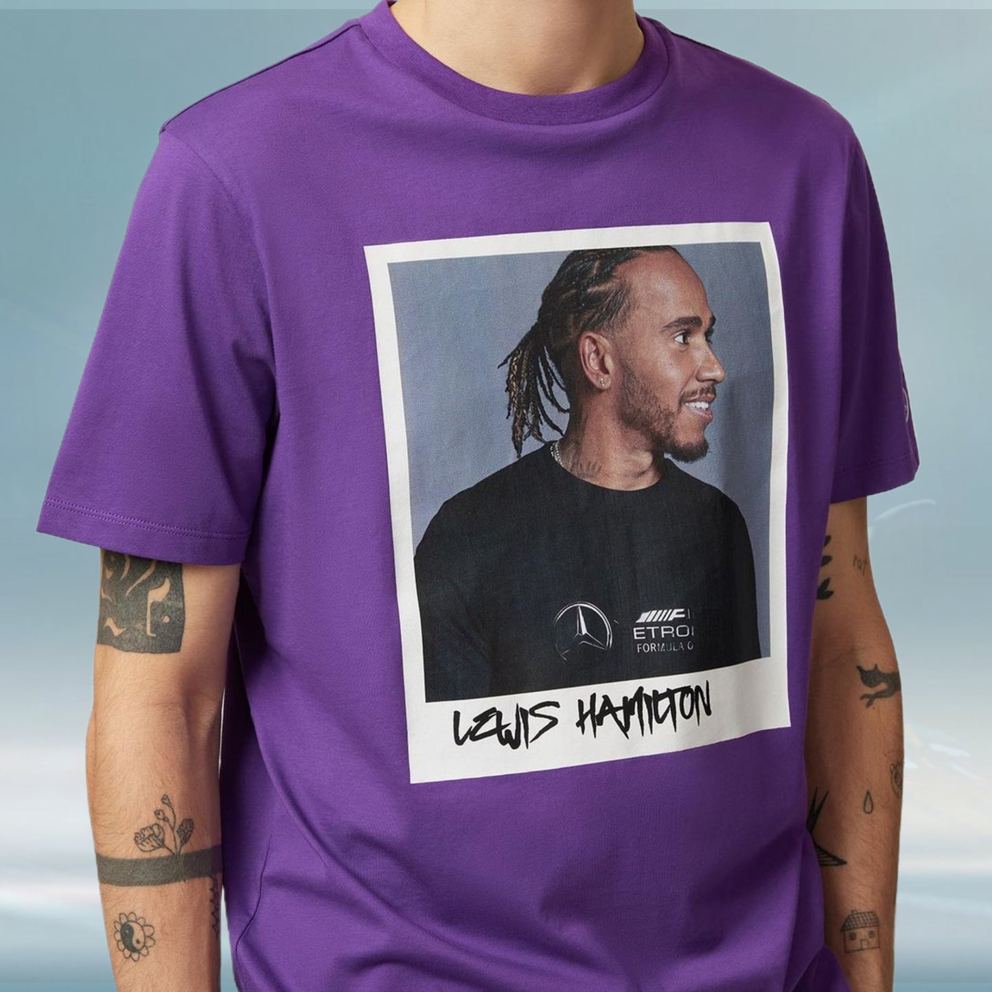 2023 Mercedes Germany AMG F1 Mens Lewis Hamilton Portrait T-shirt Purple - Rental Sports