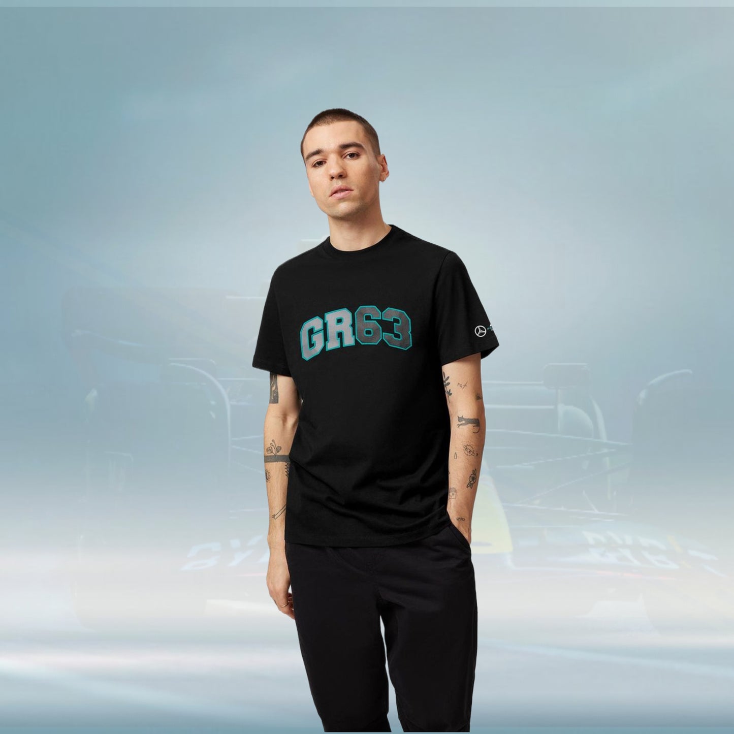 2023 Mercedes Germany AMG F1 Mens George Russell Logo T-shirt Black - Rental Sports