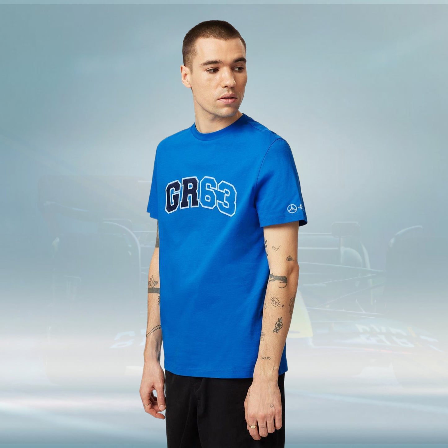 2023 Mercedes Germany AMG F1 Mens George Russell Logo T-shirt Blue - Rental Sports