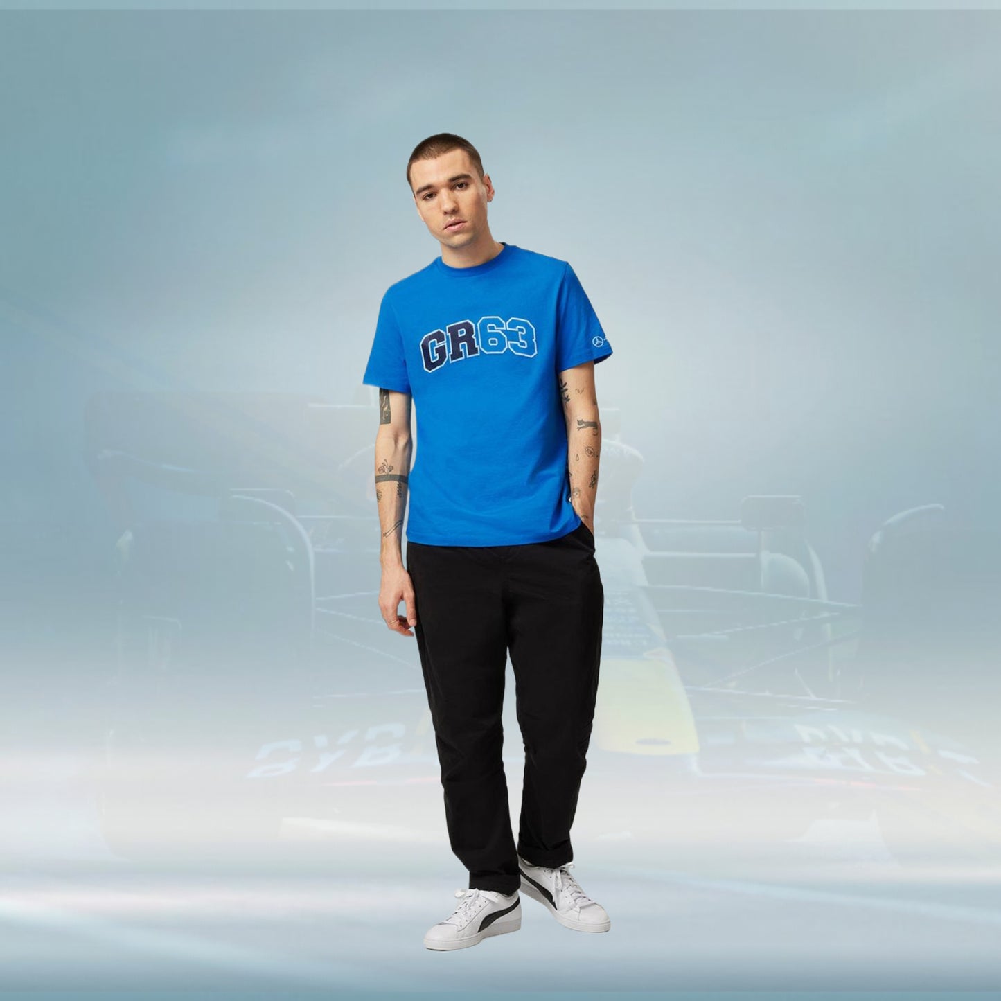 2023 Mercedes Germany AMG F1 Mens George Russell Logo T-shirt Blue - Rental Sports