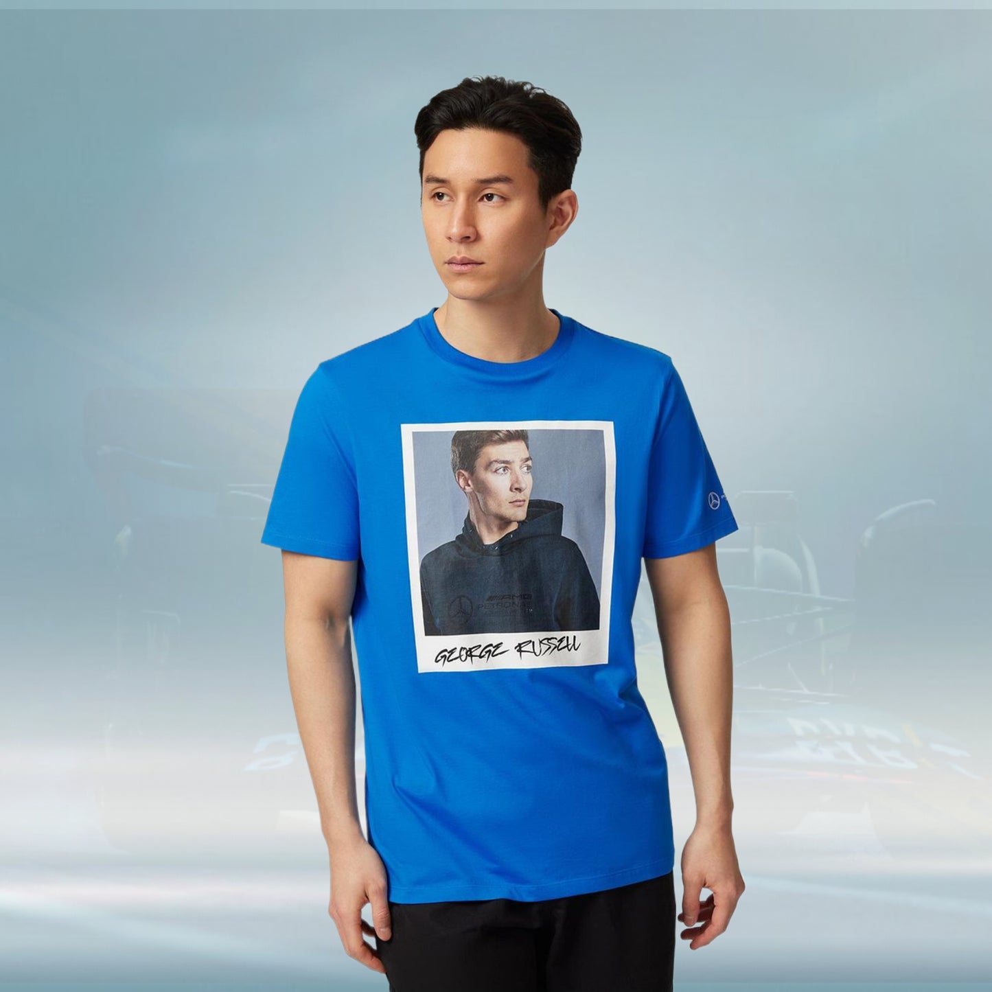 2023 Mercedes Germany AMG F1 Mens George Russell Portrait T-shirt Blue - Rental Sports