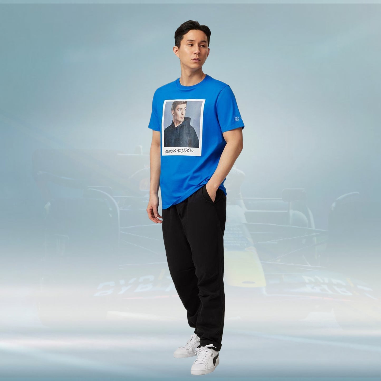 2023 Mercedes Germany AMG F1 Mens George Russell Portrait T-shirt Blue - Rental Sports