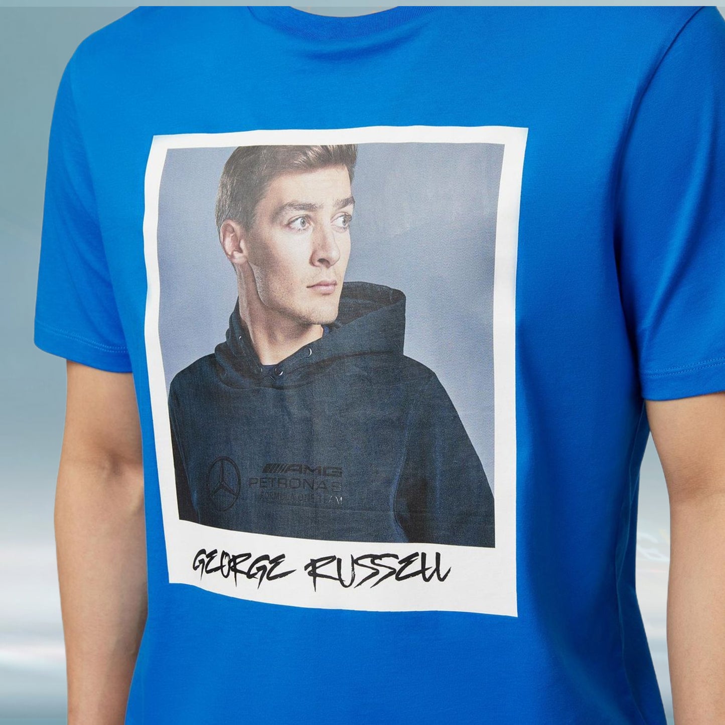 2023 Mercedes Germany AMG F1 Mens George Russell Portrait T-shirt Blue - Rental Sports