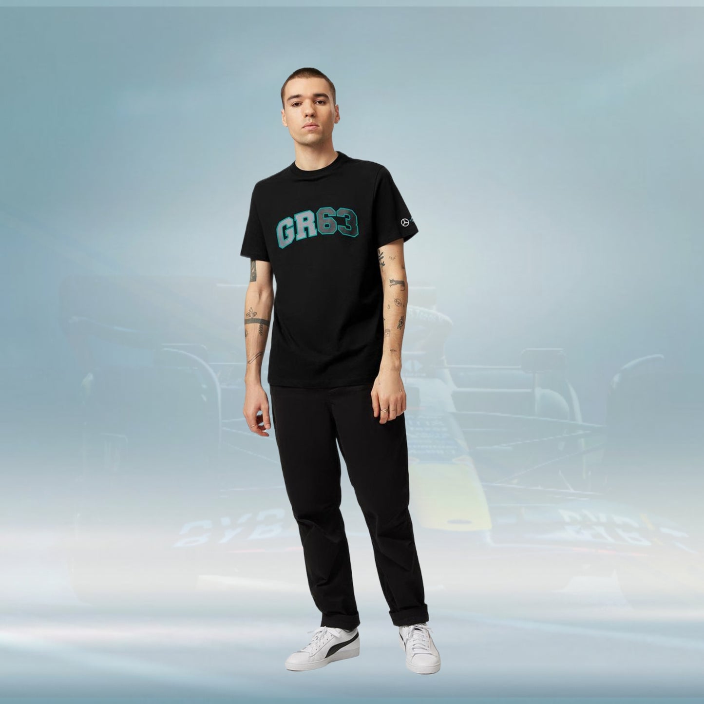 2023 Mercedes Germany AMG F1 Mens George Russell Logo T-shirt Black - Rental Sports