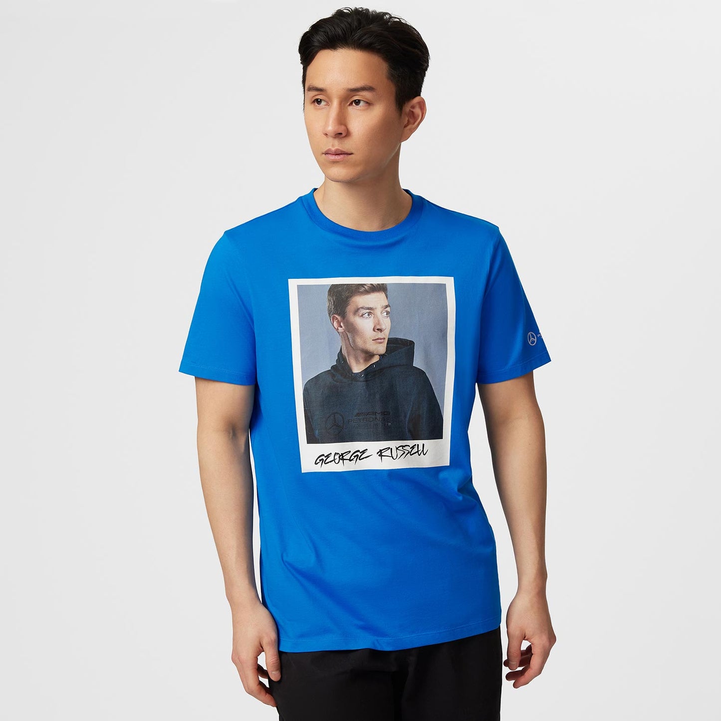 2023 Mercedes Germany AMG F1 Mens George Russell Portrait T-shirt Blue - Rental Sports