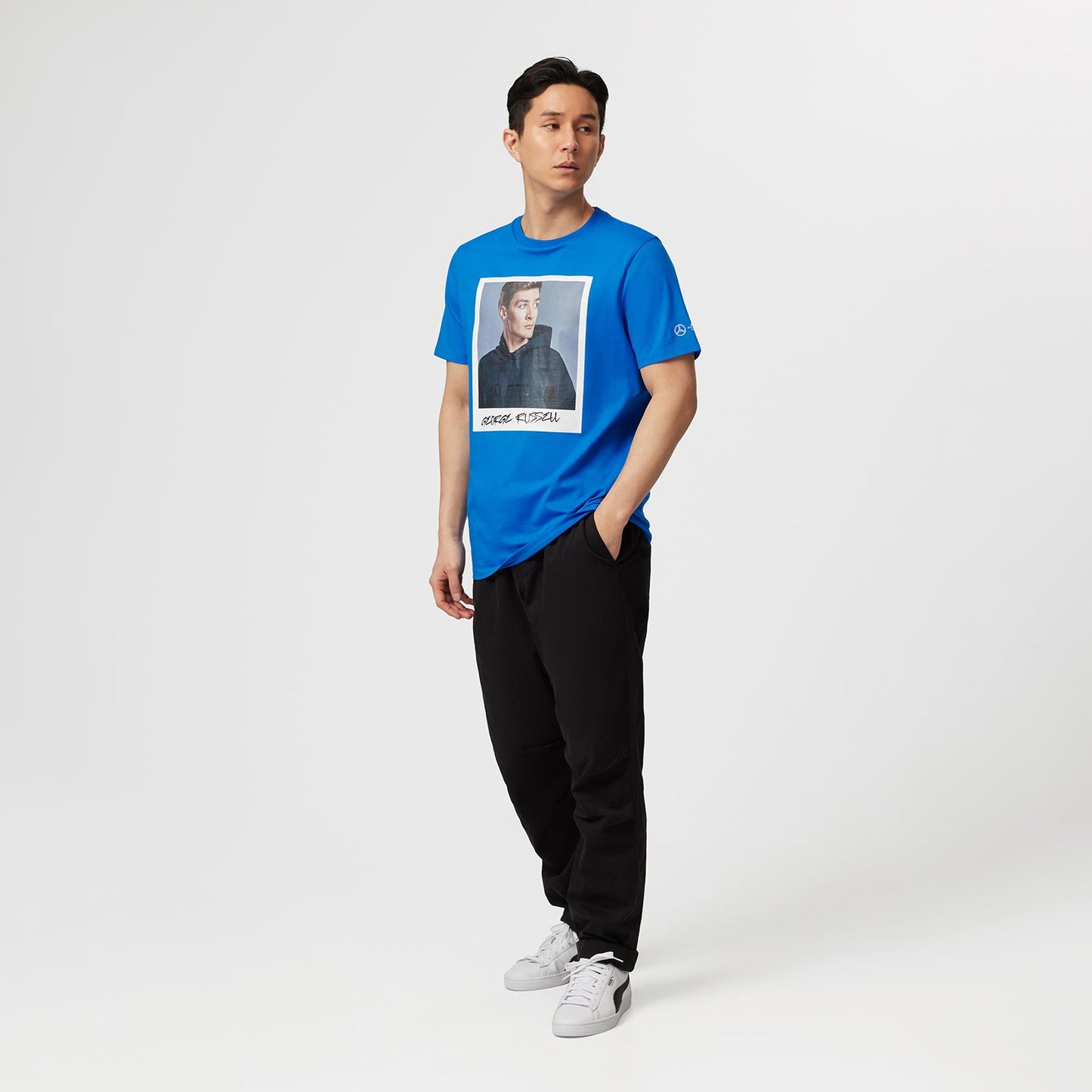 2023 Mercedes Germany AMG F1 Mens George Russell Portrait T-shirt Blue - Rental Sports