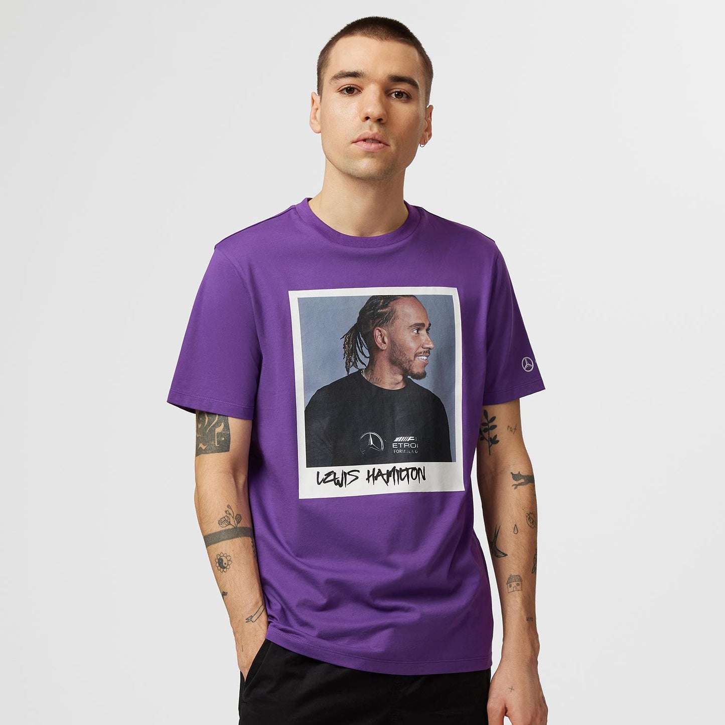 2023 Mercedes Germany AMG F1 Mens Lewis Hamilton Portrait T-shirt Purple - Rental Sports
