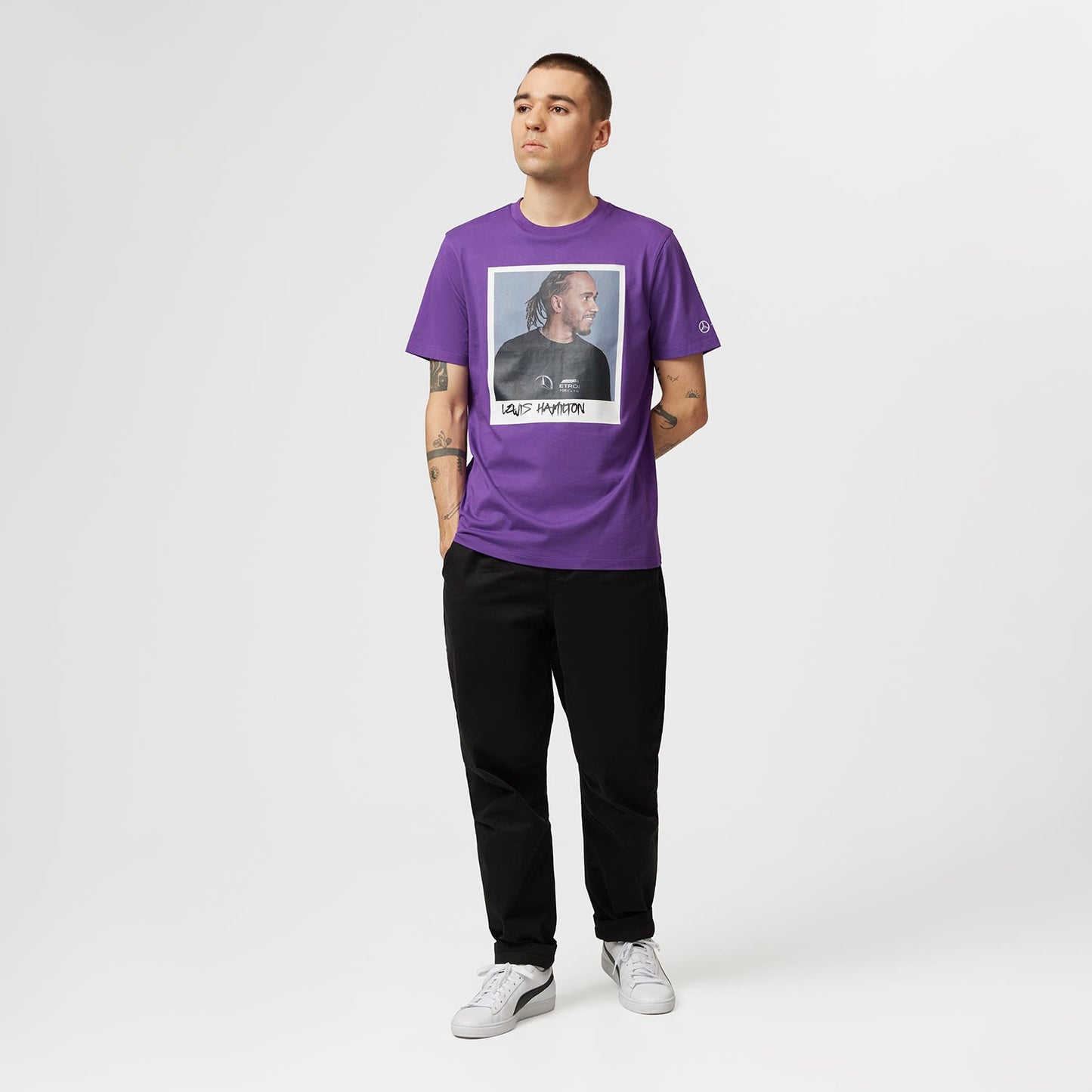 2023 Mercedes Germany AMG F1 Mens Lewis Hamilton Portrait T-shirt Purple - Rental Sports