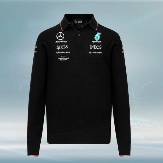 2023 Mercedes AMG Germany F1 Mens LS Team Polo Shirt Black - Rental Sports